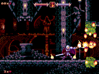 Cena de gameplay em um castelo sombrio