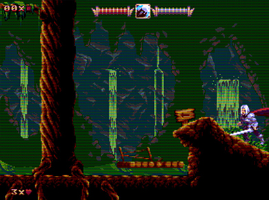 Cena de gameplay em uma floresta com ruínas