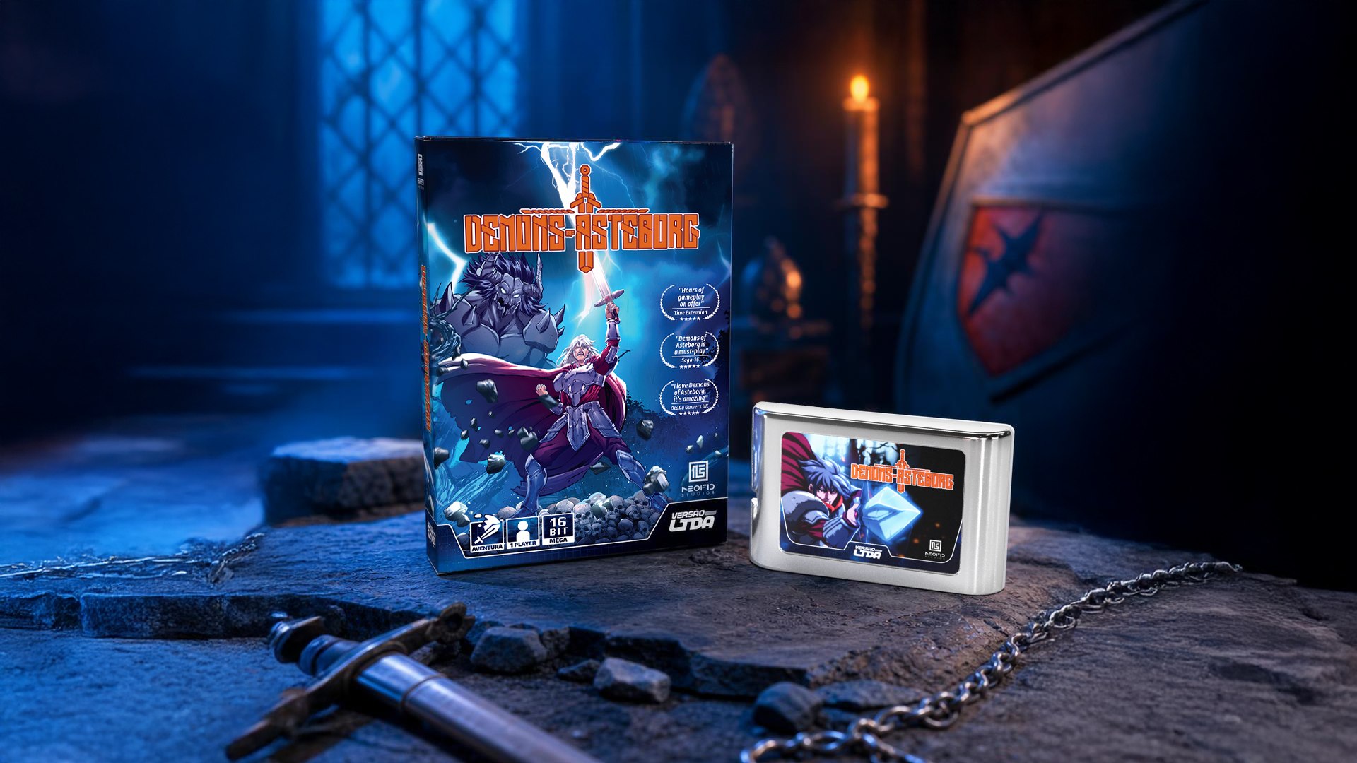 Caixa e cartucho de Demons of Asteborg em cenário inspirado no jogo